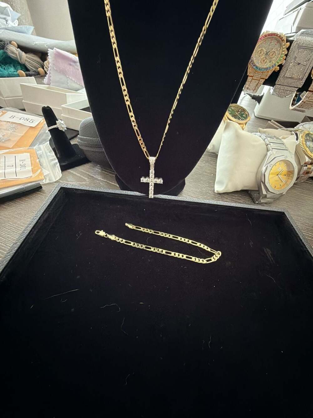14k Gold Plated 20" Figaro Chain and 8" Bracelet Set with VVS1 CZ Cross Pendant